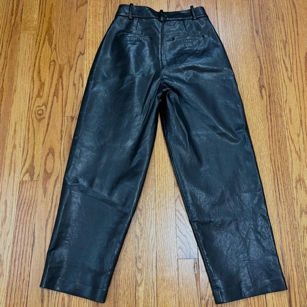 Wilfred preppy black soft faux leather high rise pleated straight leg crop pants